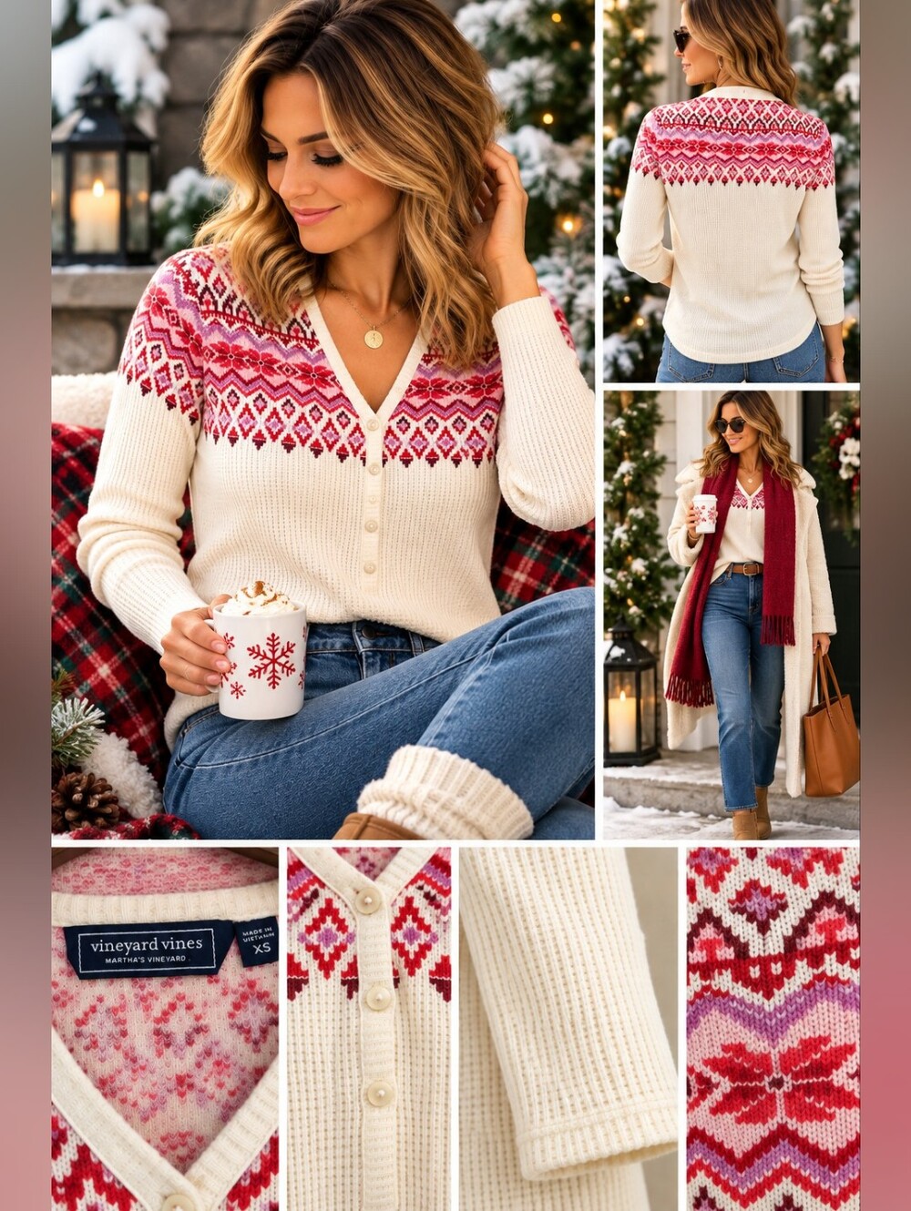 Vineyard Vines Fair Isle Waffle Knit Henley Top XS Cream Pink Red